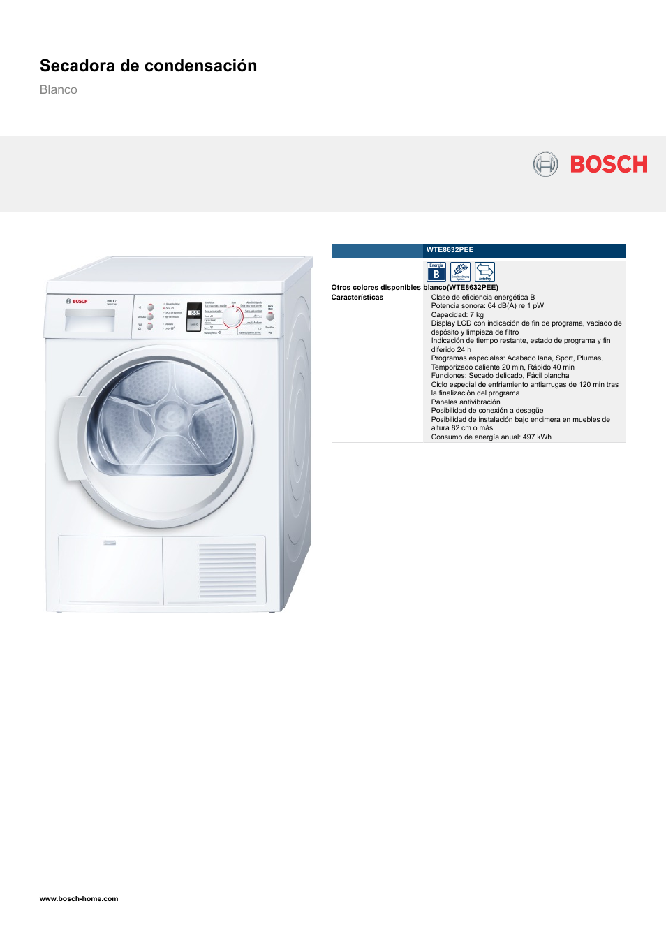 Bosch WTE8632PEE. Secadora condensación 7Kg 