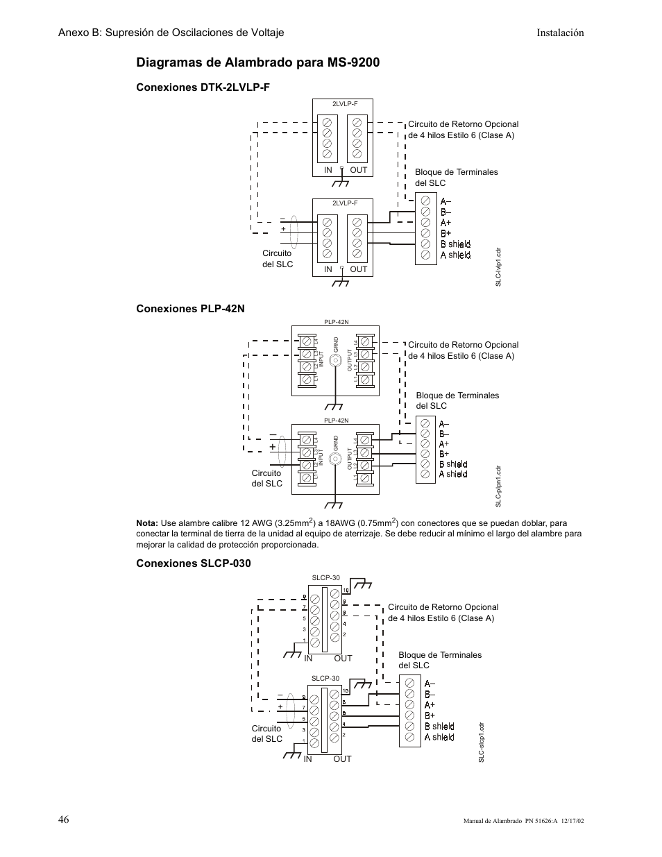 Diagramas de alambrado para ms-9200, Conexiones dtk-2lvlp-f conexiones  plp-42n, Conexiones slcp-030 | Fire-Lite MS-10UD Series FACP Manual del  usuario | Página 46 / 52 | Original