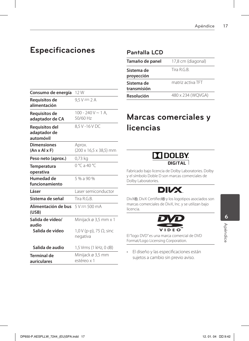 Especificaciones Marcas Comerciales Y Licencias Pantalla Lcd Lg Dp650b Manual Del Usuario Pagina 17 18 Original