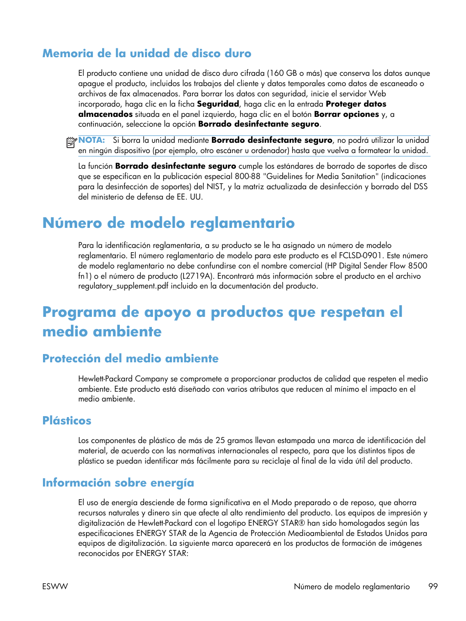 Memoria de la unidad de disco duro, Número de modelo reglamentario,  Protección del medio ambiente | HP Serie de estaciones de trabajo de  captura de documentos HP Digital Sender Flow 8500 fn1