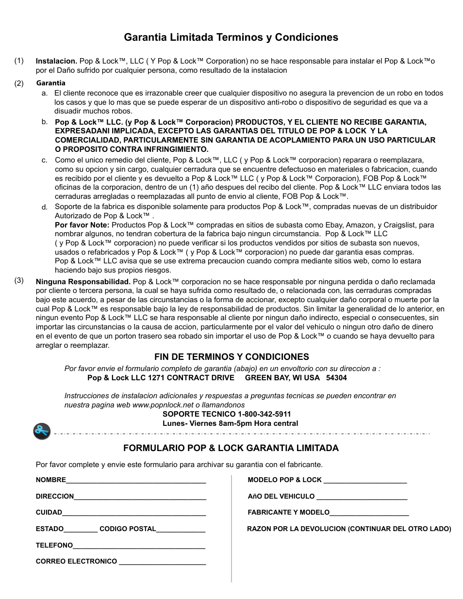 Limitedwarranty, Garantia limitada terminos y condiciones | Pop & Lock  PL8521 Manual del usuario | Página 2 / 2 | Original