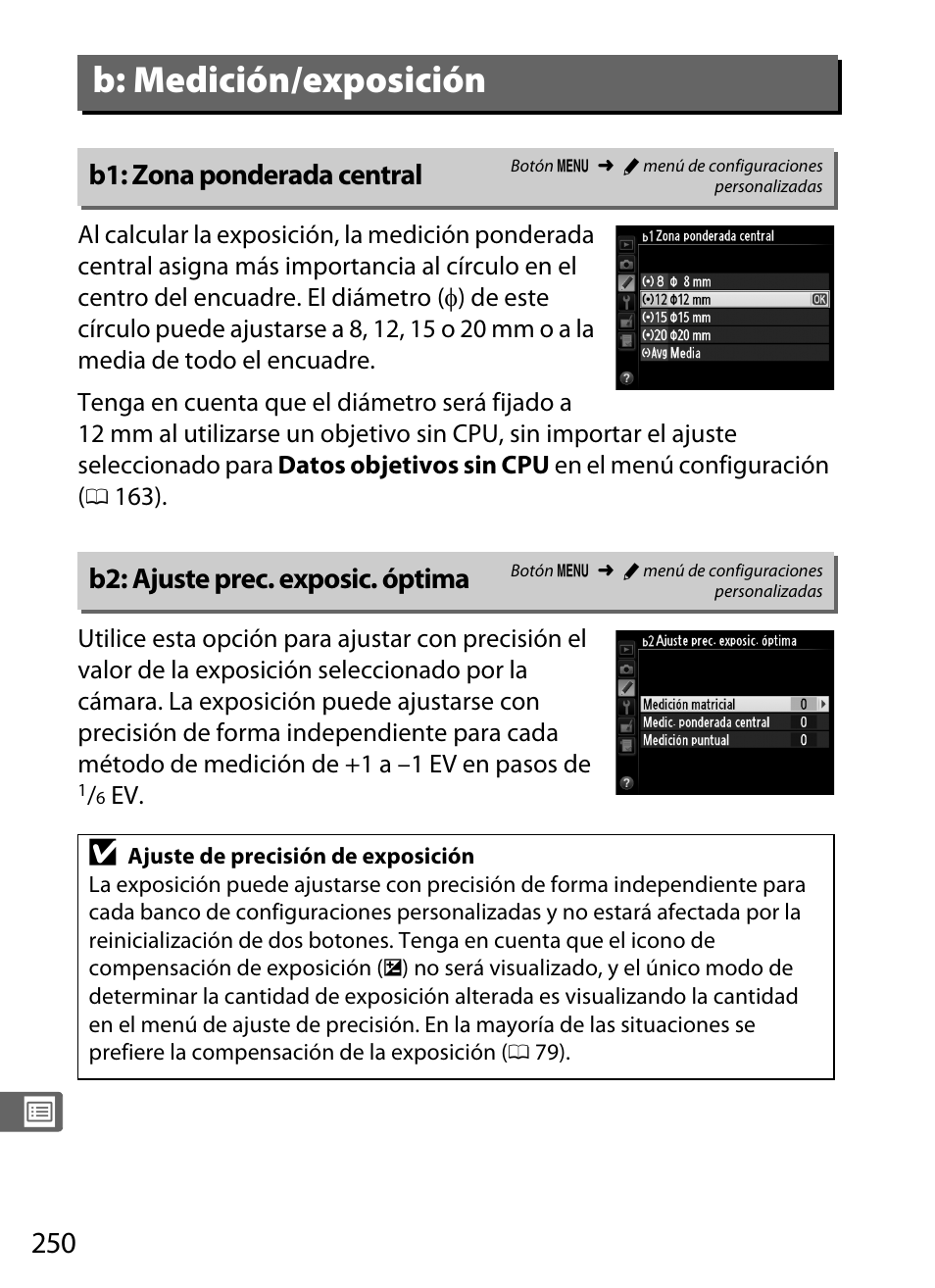 B Medicion Exposicion B1 Zona Ponderada Central B2 Ajuste Prec Exposic Optima Nikon Df Manual Del Usuario Pagina 270 396 Original