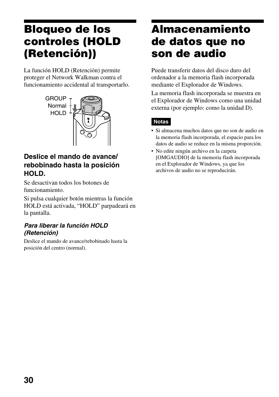 Bloqueo De Los Controles Hold Retencion Almacenamiento De Datos Que No Son De Audio Bloqueo De Los Controles Hold Sony Nw E503 Manual Del Usuario Pagina 30 59