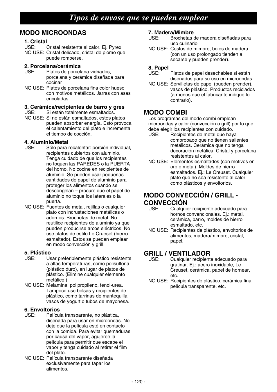 Tipos De Envase Que Se Pueden Emplear Modo Microondas Modo Combi Panasonic Nec1475 Manual Del Usuario Pagina 8 30