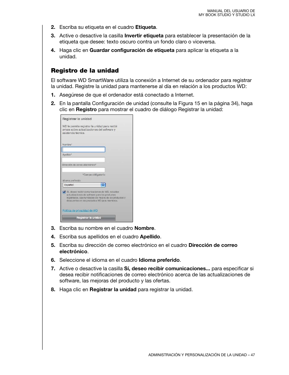 Registro de la unidad | Western Digital My Book Studio/Studio LX User Manual  Manual del usuario | Página 52 / 88 | Original