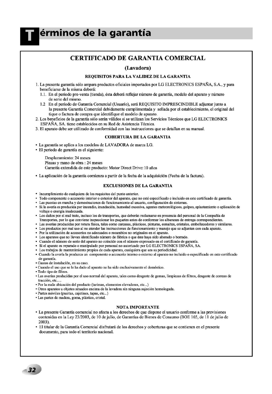 Érminos de la garantía, Certificado de garantia comercial | LG F10B8NDPA  Manual del usuario | Página 33 / 37 | Original